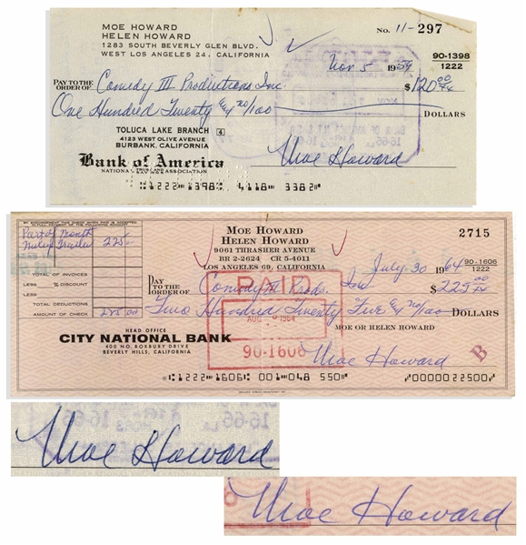 Moe Howard Lot of Two Checks Signed, Both Made Out to Comedy III Productions -- Dated 5 November 1959 Measuring 7'' x 3.25'', and 30 July 1964 Measuring 8.25'' x 3'' -- Very Good Condition